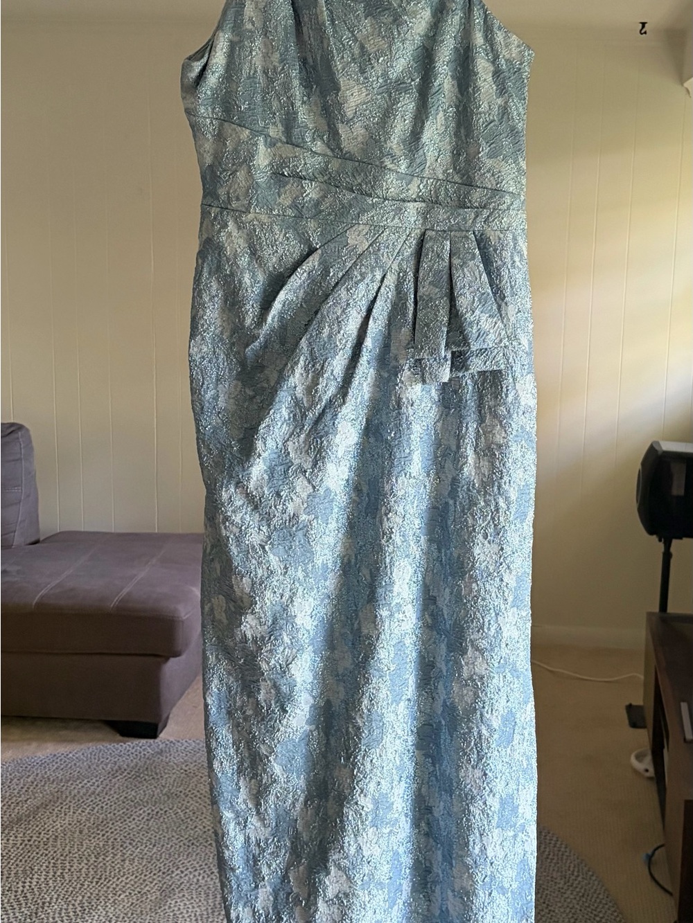 Aidan Mattox One-Shoulder Pale Blue Jacquard Evening Gown - Picture 2 of 6